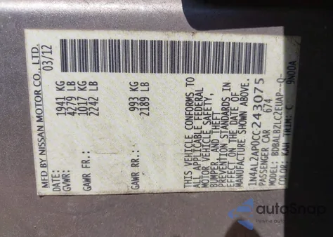 2012 Nissan Altima 2.5 S z USA, uszkodzony, nr VIN 1N4AL2AP0CC243075